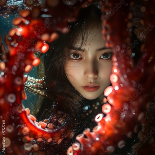 A woman submerged in water, framed by an octopus's tentacles.