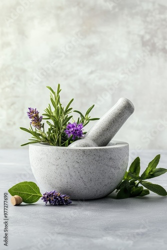 A beautiful mortar and pestle filled with fresh herbs and flowers, perfect for culinary or herbal use in a minimalistic setting.