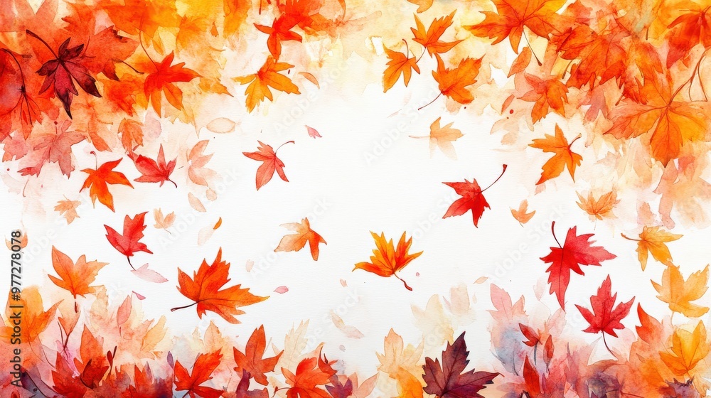 Watercolor Maple Leaves in Autumn Breeze on White Background