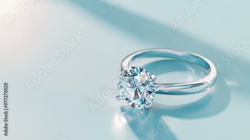 Diamond ring on blue and white background with shadow, concept of luxury