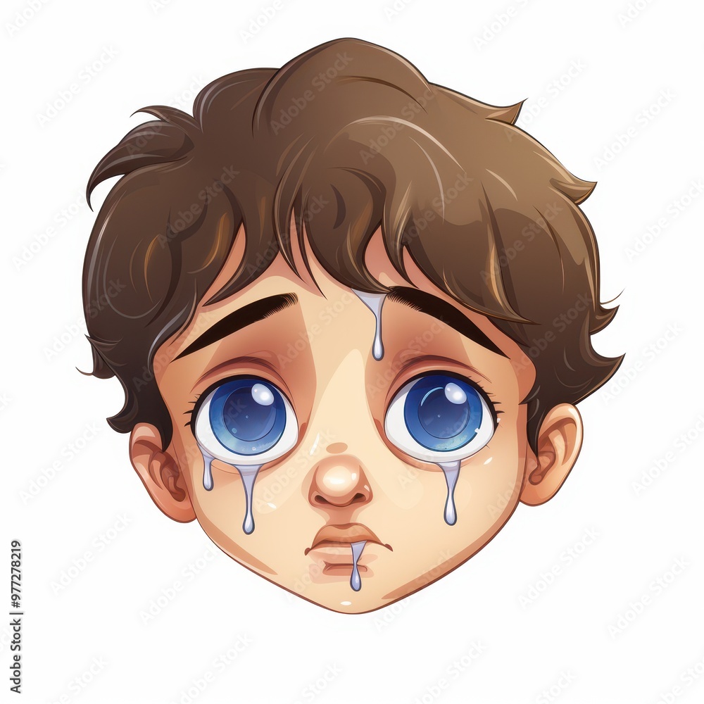 A sad cartoon boy with big blue eyes and tears streaming down his face, showcasing deep emotion and vulnerability. A sad cartoon boy with big blue eyes and tears streaming down his face, showcasing deep emotion and vulnerability.