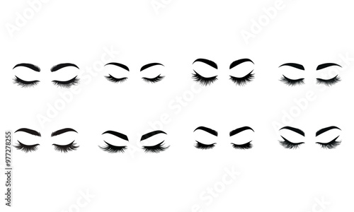 Closed eyes with eyelashes and brows. Women eyes simple illustration. set
