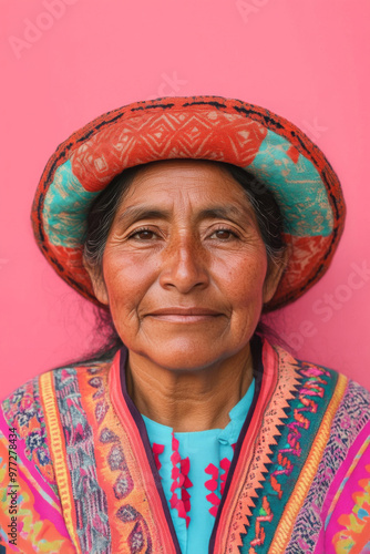 Portrait of smiling elderly latin american woman in traditional colorful clothing