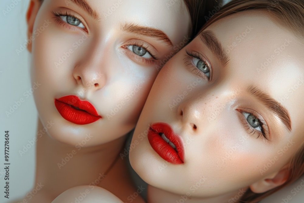 Two females with bold lip color striking a pose, suitable for editorial or commercial use Two females with bold lip color striking a pose, suitable for editorial or commercial use
