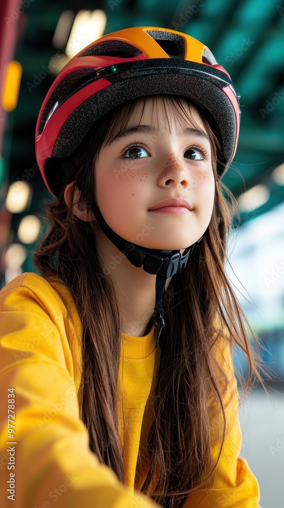 A young girl wearing a helmet looks thoughtfully while riding her bike, showcasing safety and joy in outdoor activities. A young girl wearing a helmet looks thoughtfully while riding her bike, showcasing safety and joy in outdoor activities.