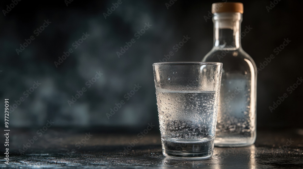 A vodka shot glass filled to the brim, placed beside a full bottle with subtle condensation. A vodka shot glass filled to the brim, placed beside a full bottle with subtle condensation.