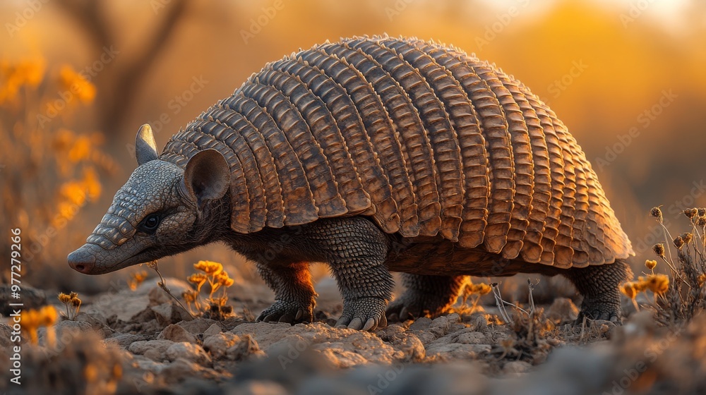 Armadillo walking through grass at sunset Armadillo walking through grass at sunset