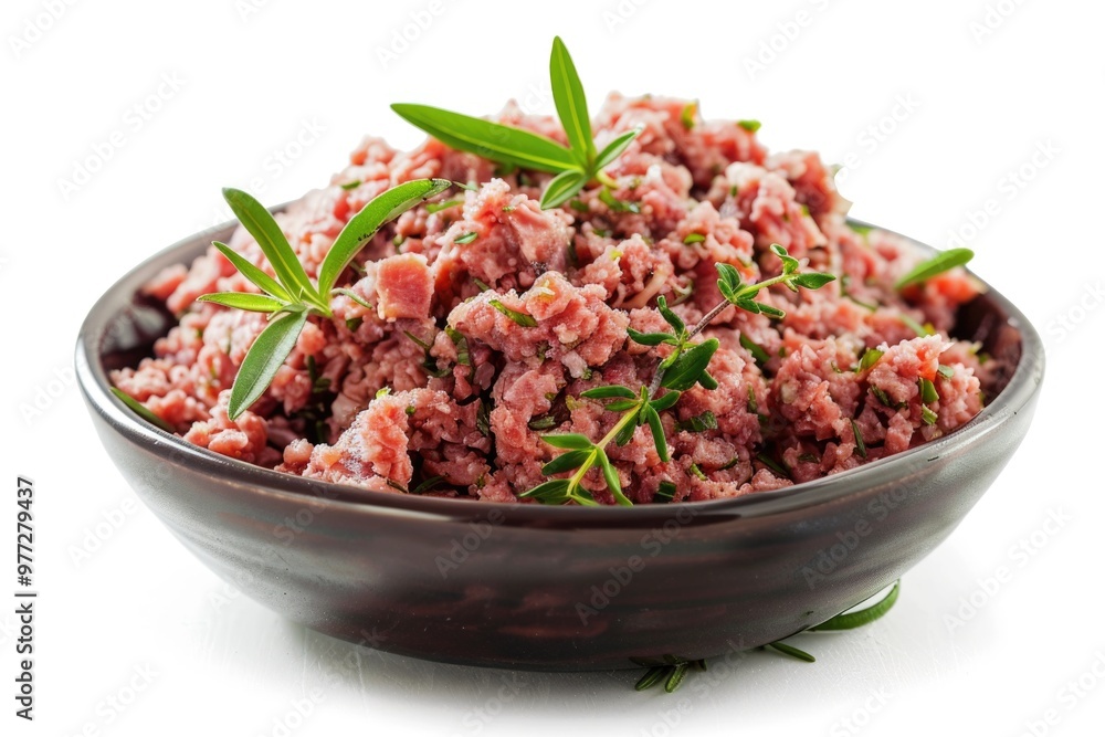 A brown bowl filled with savory meat and fresh herbs A brown bowl filled with savory meat and fresh herbs