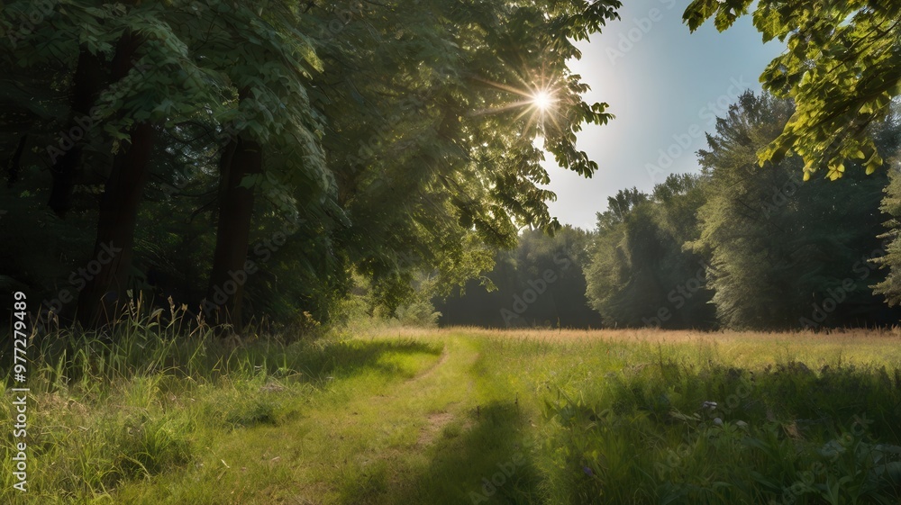 Obraz premium Field , Forest, Nature, Summer, Sky, Sun, Trees, Clouds, Grass, Plants, Flowers, Sunset, Water