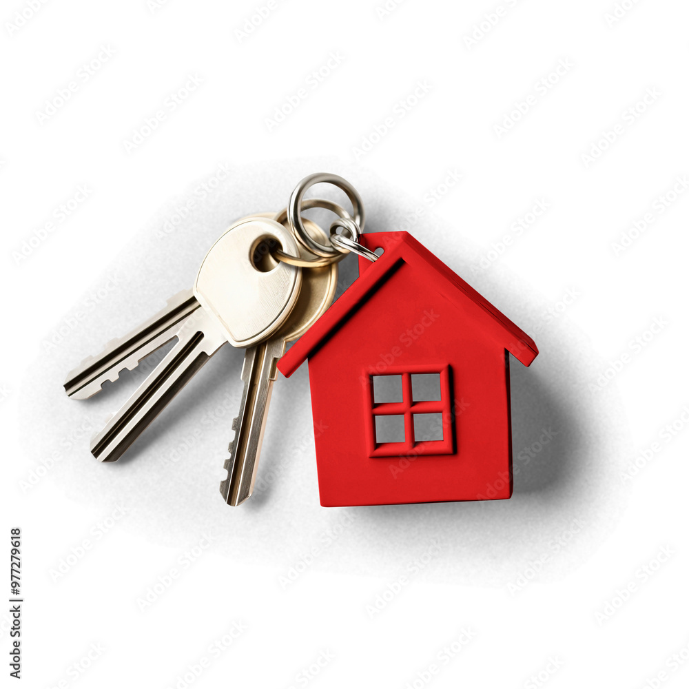 House keys with red keychain in the shape of a little house as a concept for real estate, buying or renting houses, with transparent background and shadow House keys with red keychain in the shape of a little house as a concept for real estate, buying or renting houses, with transparent background and shadow