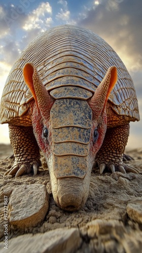 Giant armadillo walking on dry ground in the desert photo