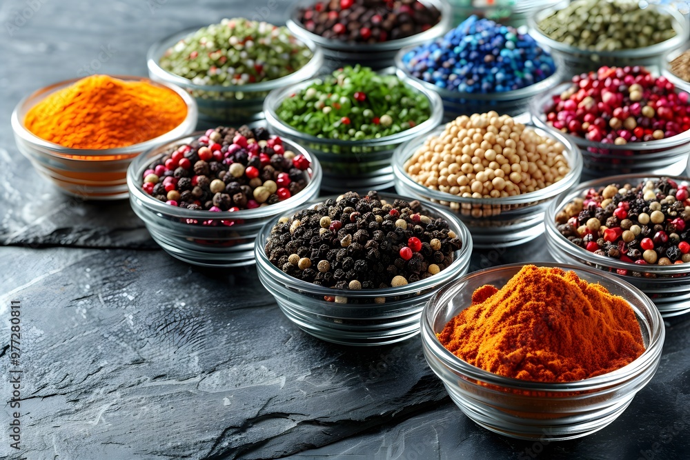 Assorted Spices in Glass Bowls on Slate Surface - Culinary Ingredients for Cooking, Design for Print, Poster Assorted Spices in Glass Bowls on Slate Surface - Culinary Ingredients for Cooking, Design for Print, Poster