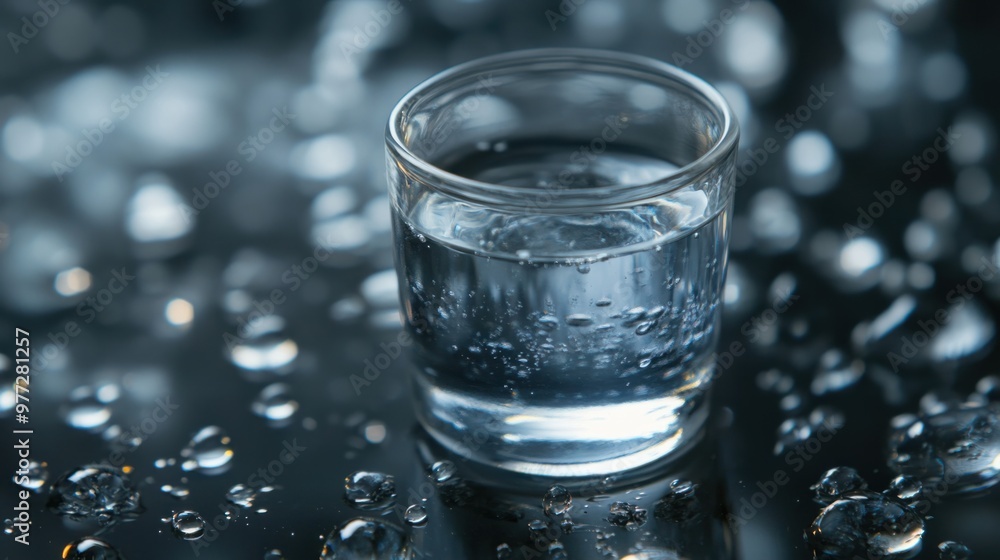 A vodka shot glass filled to the brim with clear liquid, surrounded by small droplets of condensation. A vodka shot glass filled to the brim with clear liquid, surrounded by small droplets of condensation.