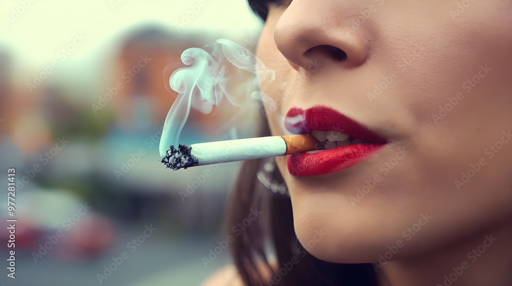 Fototapeta premium A woman smoking a cigarette. The smoke from the cigarette is clearing in the air.