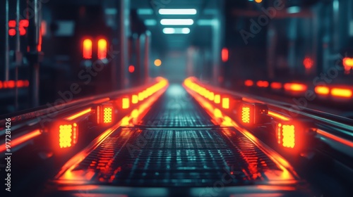 A futuristic corridor featuring glowing red lights, showcasing advanced technology and a sleek industrial design.