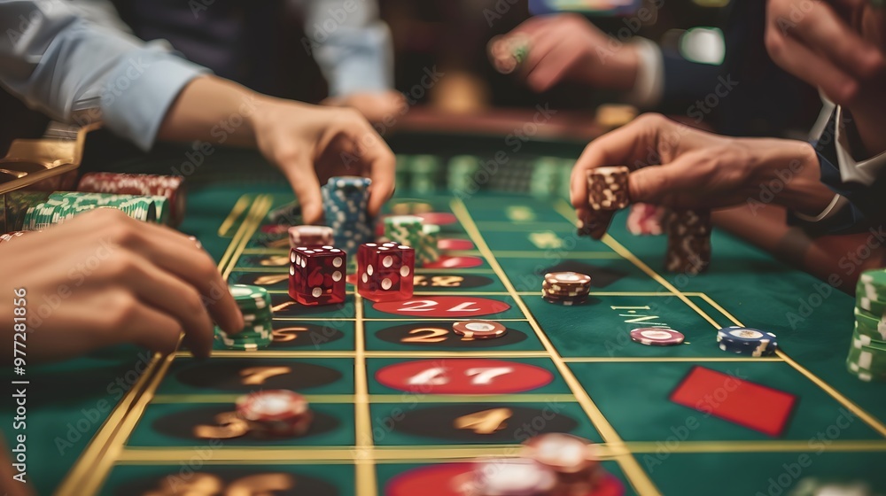 Betting Chips on Craps Table: Hands placing a bet on the craps table, dice ready to be rolled and chips in place.
Betting Chips on Craps Table: Hands placing a bet on the craps table, dice ready to be rolled and chips in place.