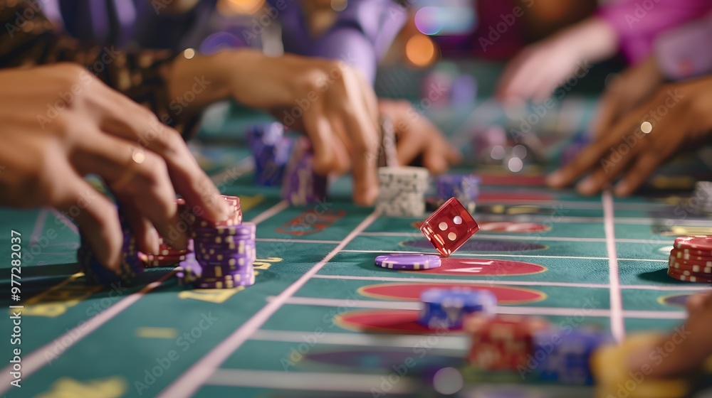 Betting Chips on Craps Table: Hands placing a bet on the craps table, dice ready to be rolled and chips in place.
Betting Chips on Craps Table: Hands placing a bet on the craps table, dice ready to be rolled and chips in place.