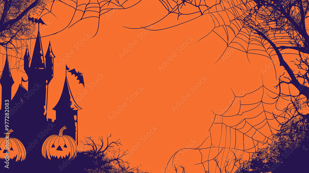 AI illustration with copy space on orange background for Halloween. Scary background with castle, spider webs and spooky pumpkins, holiday card with space for text and advertising AI illustration with copy space on orange background for Halloween. Scary background with castle, spider webs and spooky pumpkins, holiday card with space for text and advertising