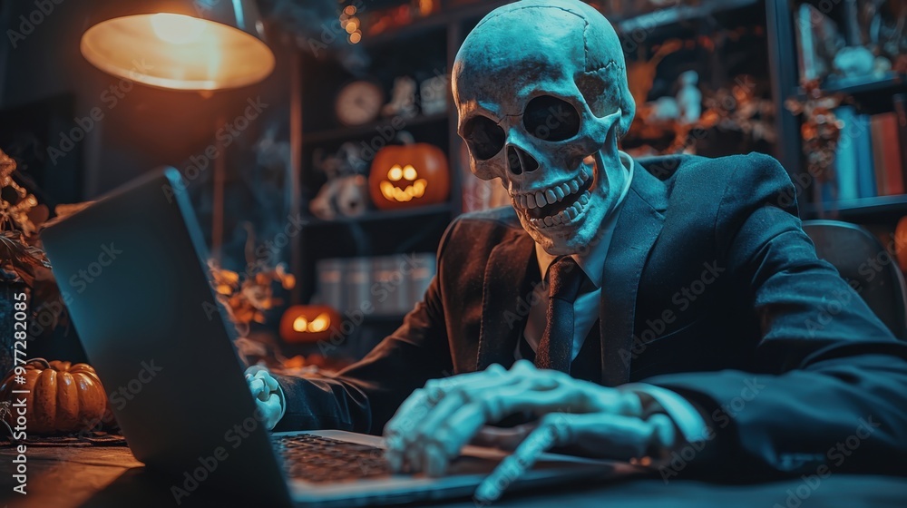 Businessman Skeleton in Suit Typing on Laptop Amid Spooky Office Halloween Decor Businessman Skeleton in Suit Typing on Laptop Amid Spooky Office Halloween Decor