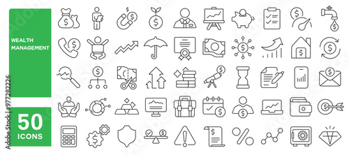 Set of 50 line icons related to wealth management, diversification, equity, income, finance, retirement, fund, balance, retirement, risk, trade, Editable stroke. Vector illustration