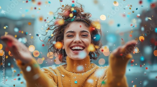A woman is throwing confetti in the air and smiling