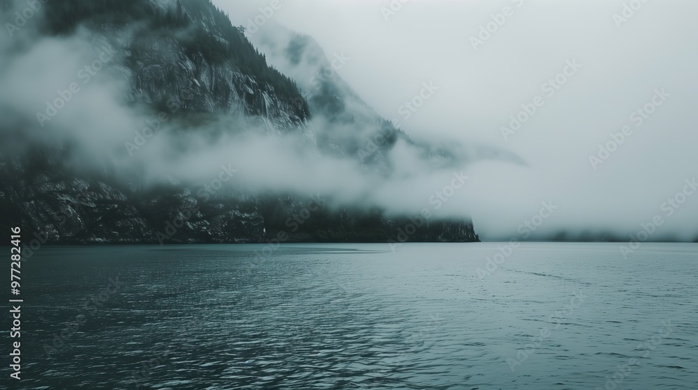 Naklejka premium misty mountainside looms over calm waters