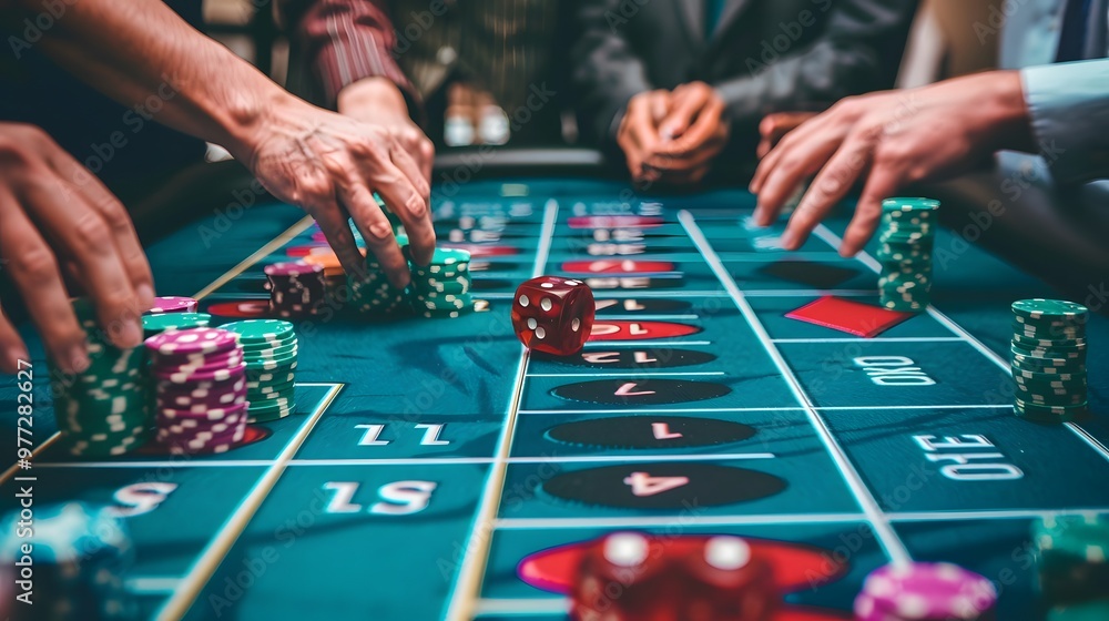 Betting Chips on Craps Table: Hands placing a bet on the craps table, dice ready to be rolled and chips in place.
Betting Chips on Craps Table: Hands placing a bet on the craps table, dice ready to be rolled and chips in place.