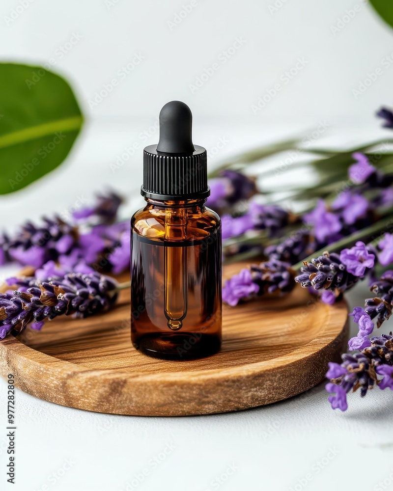 An elegant bottle of essential oil sits on a wooden tray surrounded by fresh lavender flowers, perfect for wellness and relaxation. An elegant bottle of essential oil sits on a wooden tray surrounded by fresh lavender flowers, perfect for wellness and relaxation.