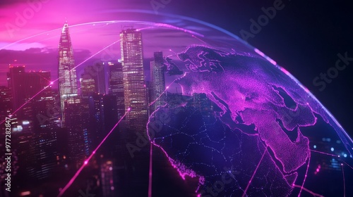 3D city skyline rising above network symbolizing global market growth.