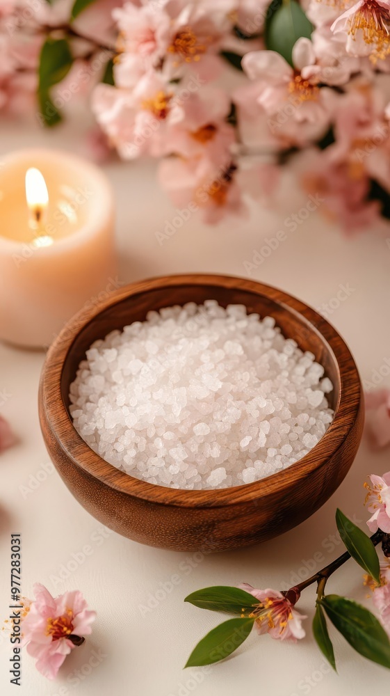 Tranquil scene featuring a bowl of salt, candle, and blossoming flowers, perfect for spa and relaxation concepts. Tranquil scene featuring a bowl of salt, candle, and blossoming flowers, perfect for spa and relaxation concepts.
