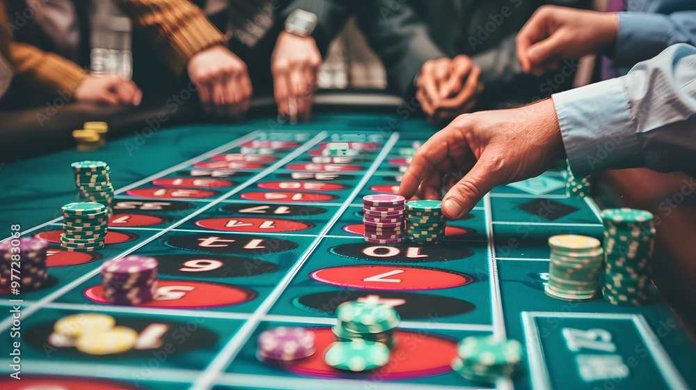 Betting Chips on Craps Table: Hands placing a bet on the craps table, dice ready to be rolled and chips in place.
Betting Chips on Craps Table: Hands placing a bet on the craps table, dice ready to be rolled and chips in place.