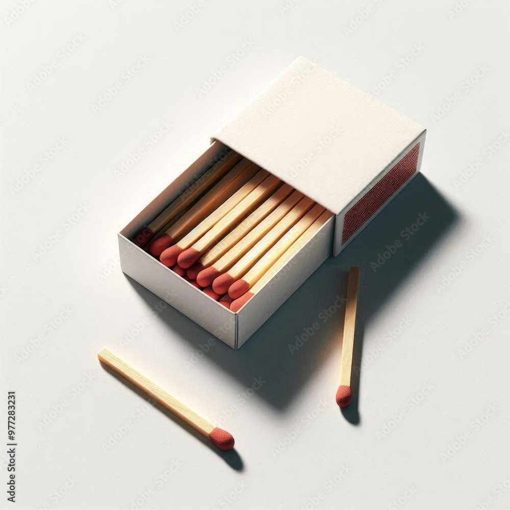 An open matchbox with matches inside on a bright white background. AI generated. An open matchbox with matches inside on a bright white background. AI generated.