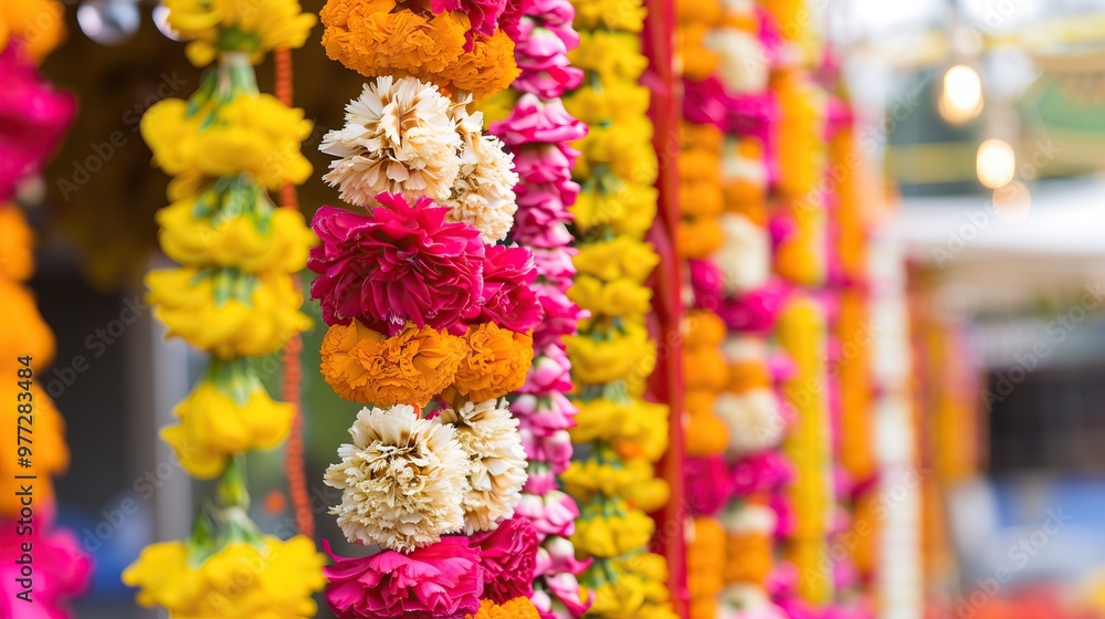 Naklejka premium Colorful flower garlands decorate an entrance traditional religion