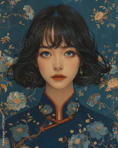 A captivating illustration of woman with striking blue eyeliner, featuring floral background. Her elegant attire and expressive gaze evoke sense of beauty and artistry