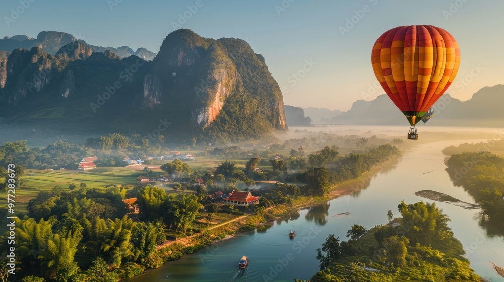 Fototapeta premium A hot air balloon is flying over a town and a river