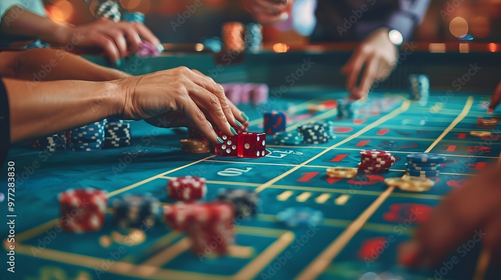 Betting Chips on Craps Table: Hands placing a bet on the craps table, dice ready to be rolled and chips in place.
Betting Chips on Craps Table: Hands placing a bet on the craps table, dice ready to be rolled and chips in place.