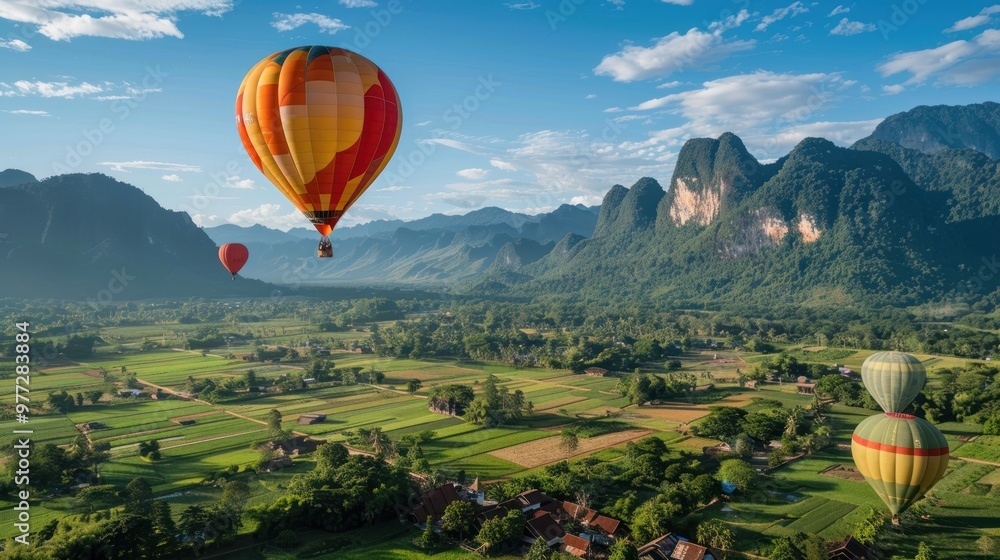 A hot air balloon is flying over a town and a river A hot air balloon is flying over a town and a river
