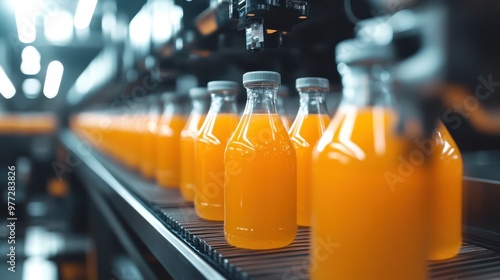 Bottles of fresh orange juice standing on a production line, showcasing vibrant color and modern beverage manufacturing process.