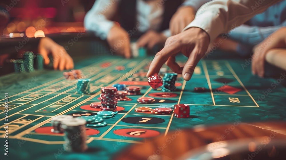 Betting Chips on Craps Table: Hands placing a bet on the craps table, dice ready to be rolled and chips in place.
Betting Chips on Craps Table: Hands placing a bet on the craps table, dice ready to be rolled and chips in place.