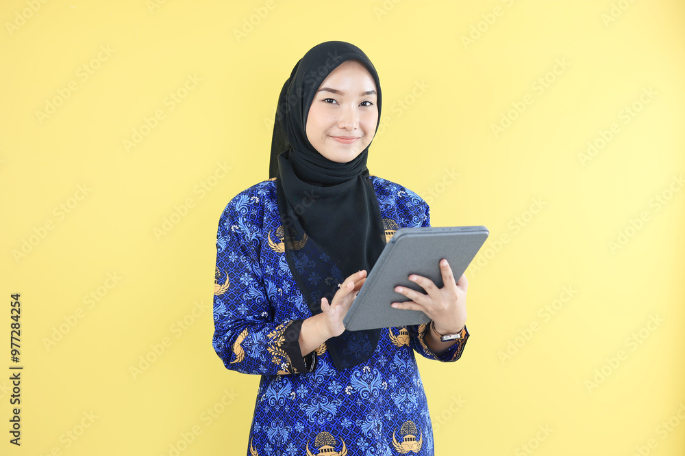 Young ASN Government Worker Wearing Korpri Batik Uniform Holding Tab. Young ASN Government Worker Wearing Korpri Batik Uniform Holding Tab.