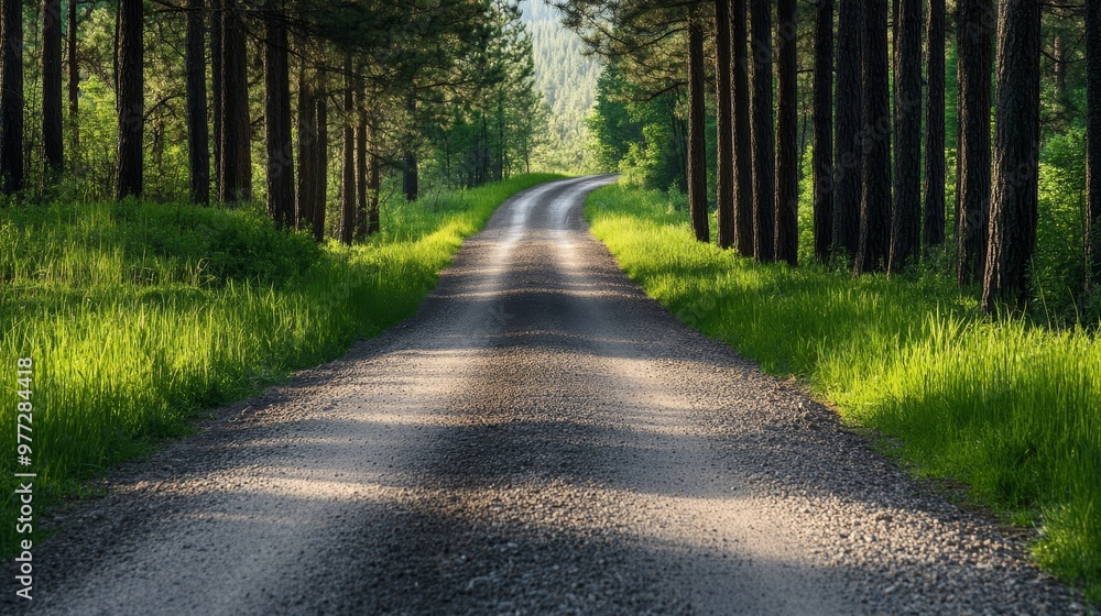 Naklejka premium Rustic pine forest gravel road landscape.
