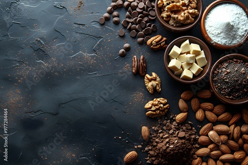 Healthy Baking Ingredients: Chocolate Chips, Nuts, Butter, and Spices on Dark Background