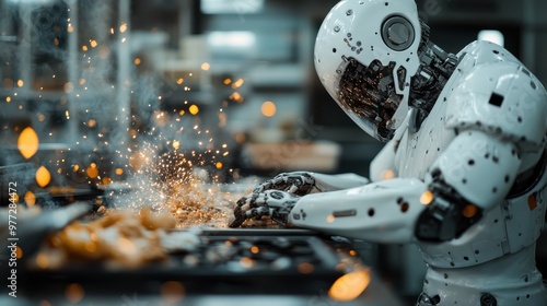 A robot appearing as a chef is focused on cooking in a lighted kitchen environment, with sparks flying around, demonstrating a seamless blend of technology and culinary expertise.