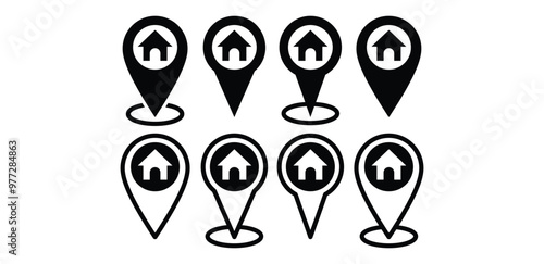 set of location home address icon symbol sign vector design black white color simple flat illustration