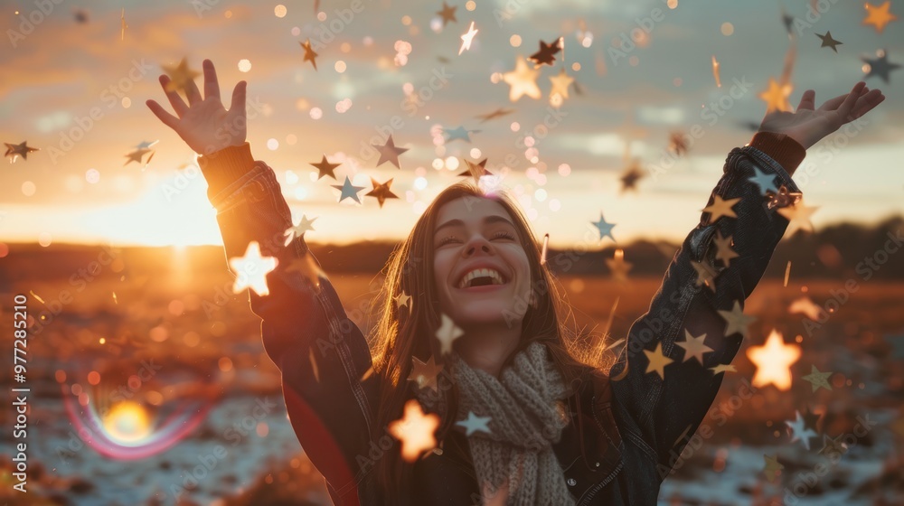 Obraz premium Happy woman with star symbol, welcoming New Year 2025 resolutions