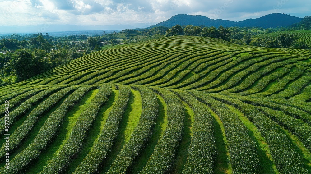 Agricultural area green tea on mountain Chiang rai Thailand, Aerial view of the mountainous area where the tea plantations are located. Agricultural area green tea on mountain Chiang rai Thailand, Aerial view of the mountainous area where the tea plantations are located.