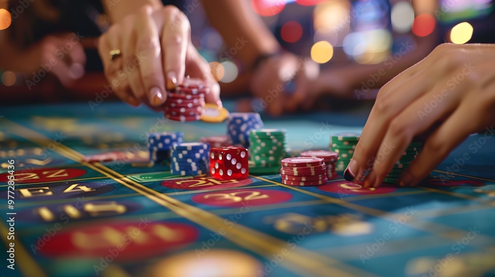 Betting Chips on Craps Table: Hands placing a bet on the craps table, dice ready to be rolled and chips in place.
Betting Chips on Craps Table: Hands placing a bet on the craps table, dice ready to be rolled and chips in place.