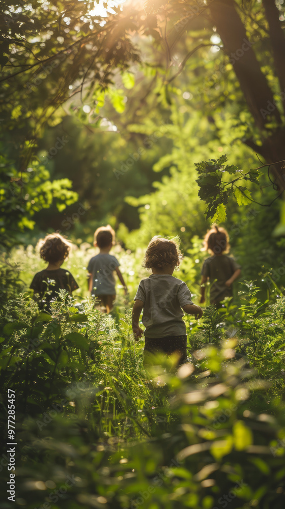 Children play among green trees, exploring nature with joy and curiosity. sunlight filters through leaves, creating magical atmosphere as they run freely Children play among green trees, exploring nature with joy and curiosity. sunlight filters through leaves, creating magical atmosphere as they run freely