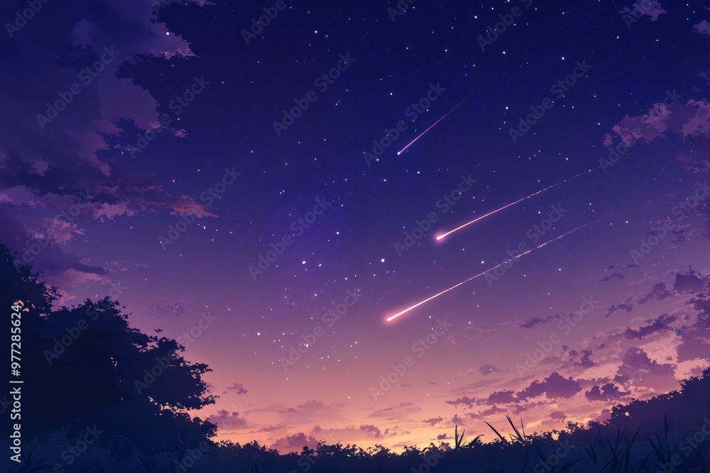 Fototapeta premium Night Sky with Shooting Stars and Silhouette of Trees