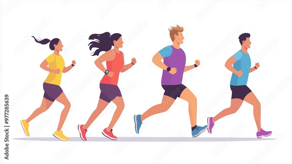 A diverse group of four runners jogging together in a light-hearted sprint along a flat path in vibrant athletic wear during the day A diverse group of four runners jogging together in a light-hearted sprint along a flat path in vibrant athletic wear during the day